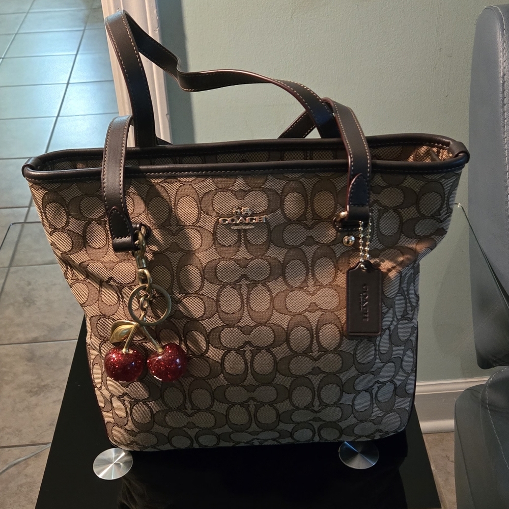 Coach OutlineSignature Zip Tote Bag Khaki Brown Pre-Owned Like New